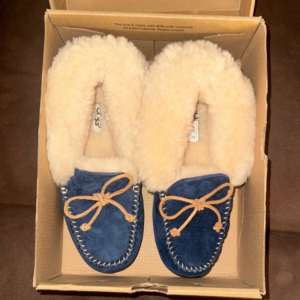 UGG Navy Suede Moccasins with Cream Lining